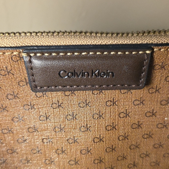 Calvin Klein CK Monogram Mini Shoulder Bag Brown Logo Zip Pouch Purse - Picture 2 of 8